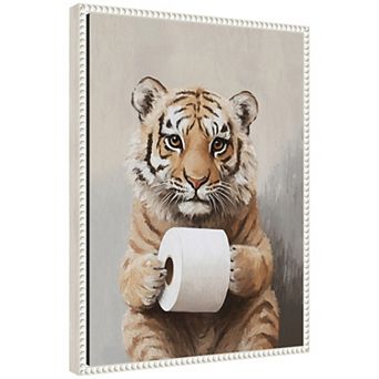 Sylvie Tiger Cub Holding Toilet Paper Roll Bathroom Art Framed Canvas by The Creative Bunch Studio