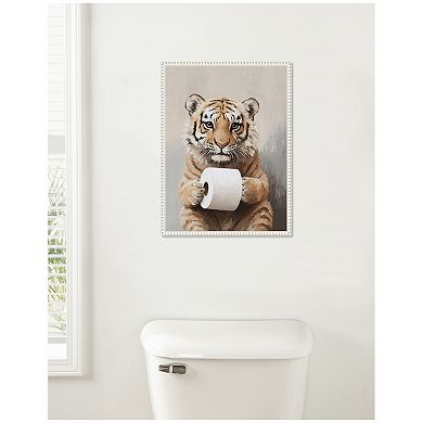 Sylvie Tiger Cub Holding Toilet Paper Roll Bathroom Art Framed Canvas by The Creative Bunch Studio
