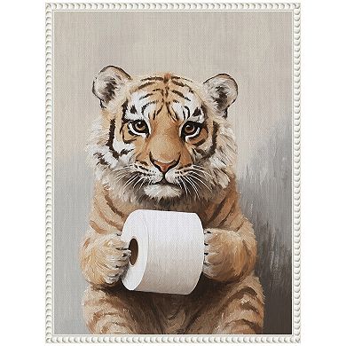 Sylvie Tiger Cub Holding Toilet Paper Roll Bathroom Art Framed Canvas by The Creative Bunch Studio