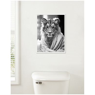 Sylvie Tiger Glam Bathroom Towel Robe Black and White Framed Canvas by The Creative Bunch Studio