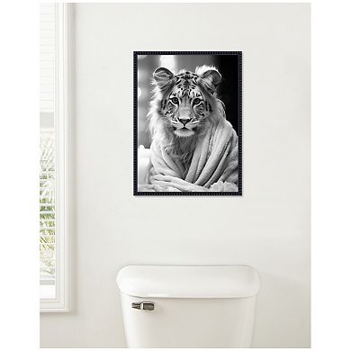 Sylvie Tiger Glam Bathroom Towel Robe Black and White Framed Canvas by The Creative Bunch Studio
