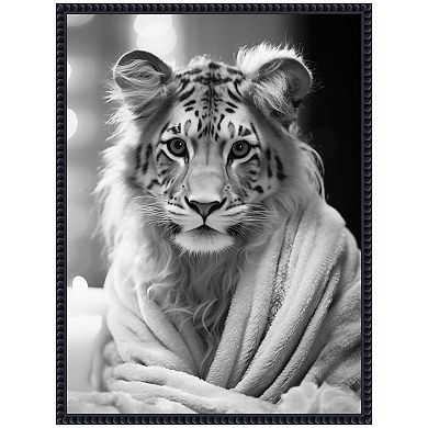Sylvie Tiger Glam Bathroom Towel Robe Black and White Framed Canvas by The Creative Bunch Studio