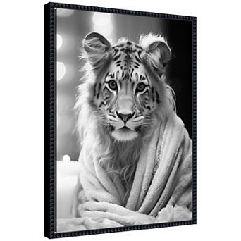 Sylvie Tiger Glam Bathroom Towel Robe Black and White Framed Canvas by The Creative Bunch Studio
