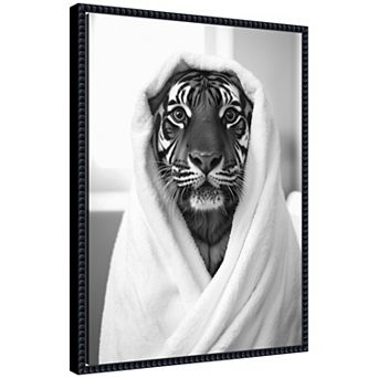 Sylvie Tiger Bathroom Art Towel Robe Black and White Framed Canvas by The Creative Bunch Studio