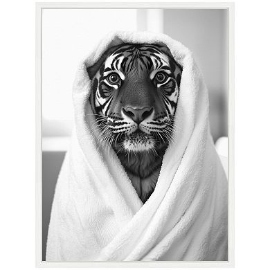 Sylvie Tiger Bathroom Art Towel Robe Black and White Framed Canvas by The Creative Bunch Studio