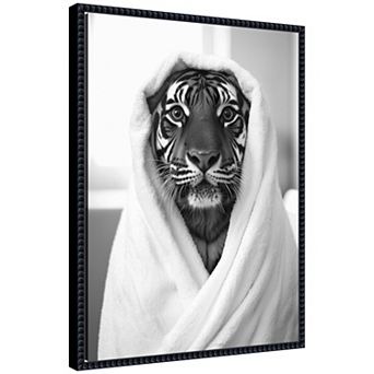 Sylvie Tiger Bathroom Art Towel Robe Black and White Framed Canvas by The Creative Bunch Studio