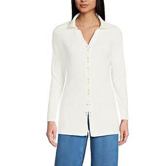 Petite Lands' End Long Sleeve Polished Rib Button-Through Tunic Shirt