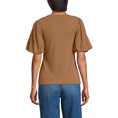 Women's Petite Lands' End Drapey Rib Puff Sleeve Scoop Neck Top