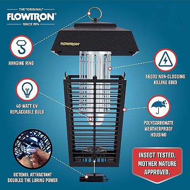Flowtron 1 Acre Bug Zapper with 40W Bulb & 5600V Instant Killing Grid, Electric Mosquito Zapper