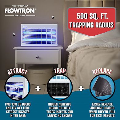 Flowtron Portable Indoor Fly Trap, 30W, Dual Lure Electric Insect Killer, 500 Sq Ft Coverage