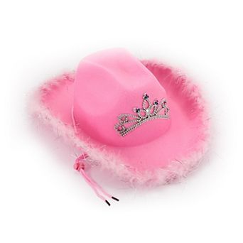 Zink Pink Cowboy Hat with Tiara - Pink Cowgirl Hat with Adjustable Chin Strap and Feather Trimming