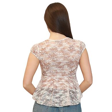 Juniors' madden girl Printed Cap Sleeve Lace Babydoll Top