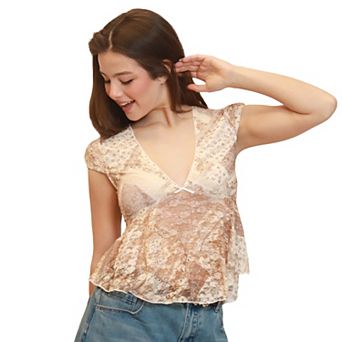 Juniors' madden girl Printed Cap Sleeve Lace Babydoll Top