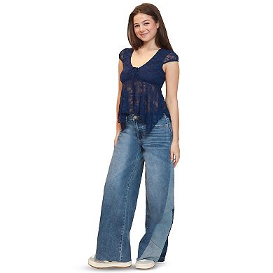 Juniors' madden girl Cap Sleeve Cinched Lace Top