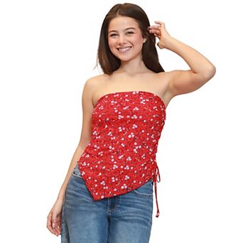 Juniors' madden girl Asymmetrical Side Ruched Mesh Tube Top