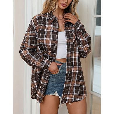 Women Plaid Shirts Buffalo Plaid Shirts Oversized Long Sleeve Casual Button Down Blouse Top