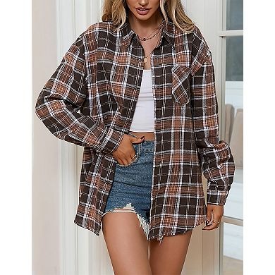 Women Plaid Shirts Buffalo Plaid Shirts Oversized Long Sleeve Casual Button Down Blouse Top