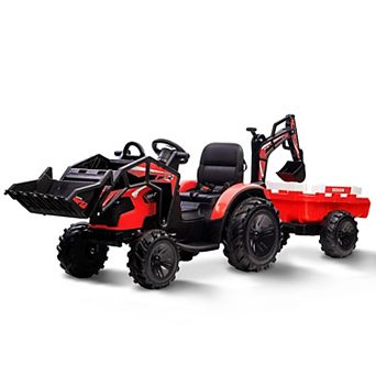 24V Ride on Toy for Big Kids, Excavator Bulldozer - Battery-Powered Electric Vehicle w/Trailer