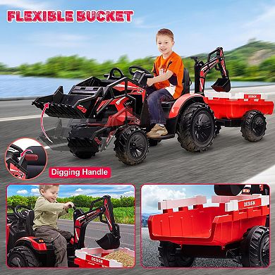 24V Ride on Toy for Big Kids, Excavator Bulldozer - Battery-Powered Electric Vehicle w/Trailer