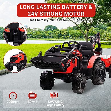 24V Ride on Toy for Big Kids, Excavator Bulldozer - Battery-Powered Electric Vehicle w/Trailer