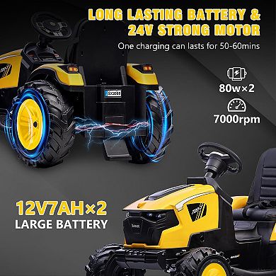 24V 3 in 1 Kids Ride on Tractor, Excavator & Bulldozer, Electric Vehicle w/Trailer, Shovel Bucket