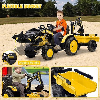24V 3 in 1 Kids Ride on Tractor, Excavator & Bulldozer, Electric Vehicle w/Trailer, Shovel Bucket