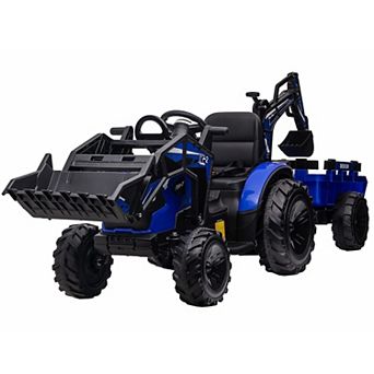 24V 3 in 1 Kids Ride on Tractor, Excavator & Bulldozer, Electric Vehicle w/Trailer, Shovel Bucket