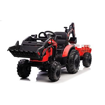 24V 3 in 1 Kids Ride on Tractor, Excavator & Bulldozer, Electric Vehicle w/Trailer, Shovel Bucket