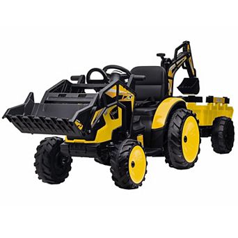 24V 3 in 1 Kids Ride on Tractor, Excavator & Bulldozer, Electric Vehicle w/Trailer, Shovel Bucket