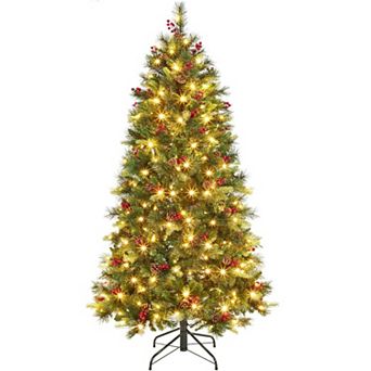 6FT Pre-Lit Xmas Christmas Tree - Warm White Incandescent Lights, Red Cone