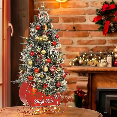 3FT Pre Lit Artificial Sleigh Ride Base Christmas Tree with 78 Pcs Warm White Lights，1 pcs
