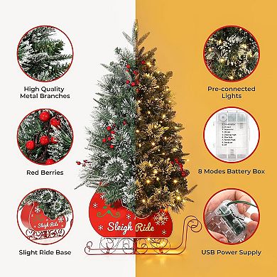 3FT Pre Lit Artificial Sleigh Ride Base Christmas Tree with 78 Pcs Warm White Lights，1 pcs