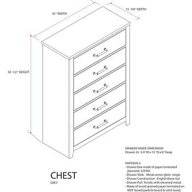 Kings Brand Furniture Harmony 5 Wood Drawer Chest Dresser Tall & Modern Storage Organizer