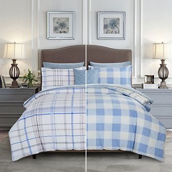 Elegant Comfort 8 pc Plaid Reversible Comforter Set, Includes Double Sided Storage Pockets Sheet Set