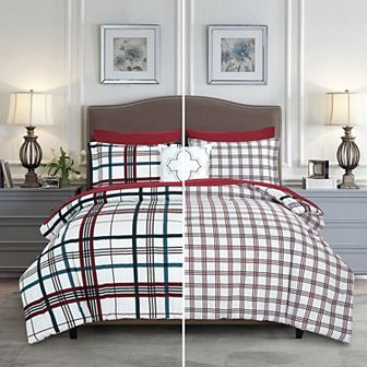 Elegant Comfort 8 pc Plaid Reversible Comforter Set, Includes Double Sided Storage Pockets Sheet Set
