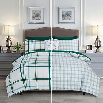 Elegant Comfort 8 pc Plaid Reversible Comforter Set, Includes Double Sided Storage Pockets Sheet Set