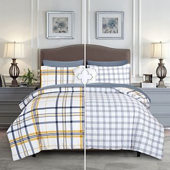 Elegant Comfort 8 pc Plaid Reversible Comforter Set, Includes Double Sided Storage Pockets Sheet Set
