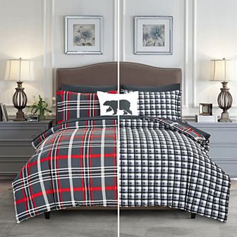 Elegant Comfort 8 pc Plaid Reversible Comforter Set, Includes Double Sided Storage Pockets Sheet Set