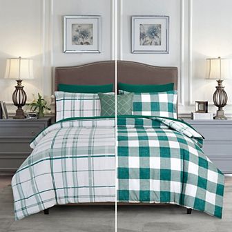 Elegant Comfort 8 pc Plaid Reversible Comforter Set, Includes Double Sided Storage Pockets Sheet Set