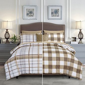 Elegant Comfort 8 pc Plaid Reversible Comforter Set, Includes Double Sided Storage Pockets Sheet Set