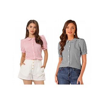 2 Packs Women's Plaid Button Down Puffy Short Sleeve Peter Pan Collar Shirt