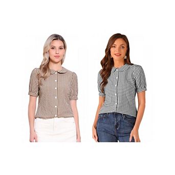 2 Packs Women's Plaid Button Down Puffy Short Sleeve Peter Pan Collar Shirt