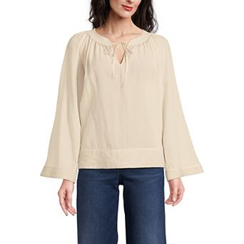 Women's Lands' End Voile Tie Neck Long Sleeve Poet Blouse
