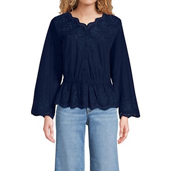 Women's Lands' End Embroidered Poplin Long Sleeve Blouse