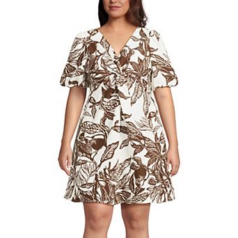 Plus Size Lands' End Linen Above the Knee Puff Sleeve Dress