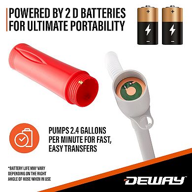 Deway Automatic Small 15" Fuel Transfer Pump W/Auto-Stop & Beep, D Battery Powered, 2.4 Gal/Minute