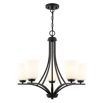 VAXCEL River Grove 5-Light Matte Black Chandelier, Frosted White Glass Shades