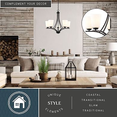 VAXCEL River Grove 5-Light Matte Black Chandelier, Frosted White Glass Shades