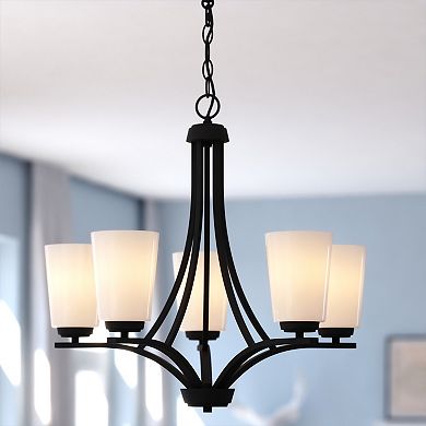 VAXCEL River Grove 5-Light Matte Black Chandelier, Frosted White Glass Shades