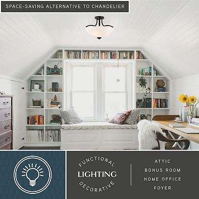 VAXCEL River Grove Matte Black Bowl Semi-Flush Mount Ceiling Light, White Glass